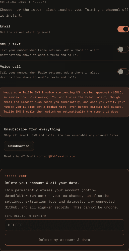 Account dashboard channel toggles — Email on, SMS and Voice off by default, with the carrier-approval notice