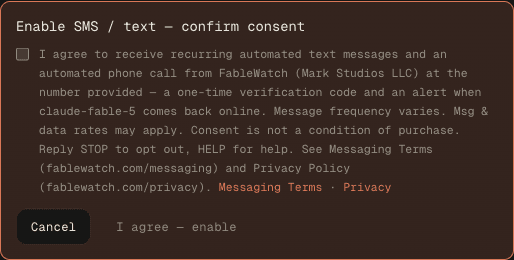SMS consent gate — unchecked checkbox beside the full CTIA consent disclosure, with the enable button disabled until checked