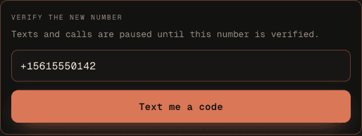 Number verification step — the subscriber requests and enters a one-time passcode to confirm ownership before any alert is sent